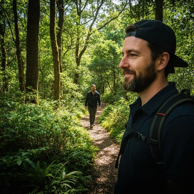 Person hiking on a nature trail surrounded by lush flora in Donnybrook