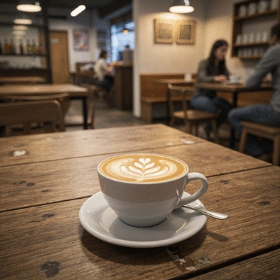 Close-up of a latte with latte art on a wooden table at a cozy cafe