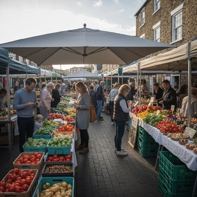 Busy local market in Donnybrook with people interacting and shopping