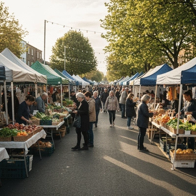 Outdoor market setup in Donnybrook, featuring local produce, artisan crafts, and cheerful vendors interacting with customers