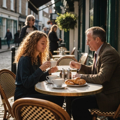 People enjoying coffee and pastries at an outdoor cafe table in Donnybrook