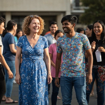 People engaging in a community event, smiling and interacting