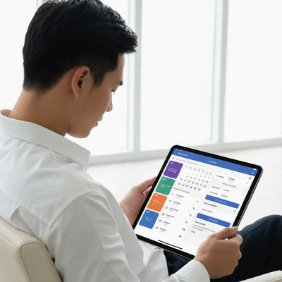Person planning event on a tablet with a calendar and tickets visible