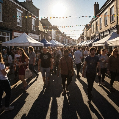 Diverse group of people enjoying a vibrant outdoor festival in Donnybrook, with food stalls and live music in the background