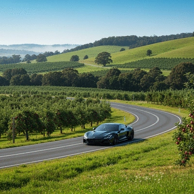 Car driving on a scenic road through orchards in Donnybrook