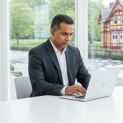 Person researching business ideas on a laptop with Donnybrook scenery in background